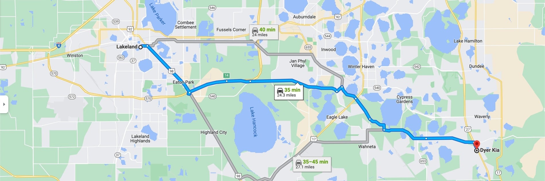 image of Google Map with directions from Lakeland, FL to Dyer Kia location