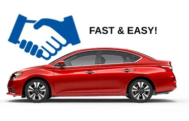 image of red sedan car with fast & easy text and blue and white handshake icon