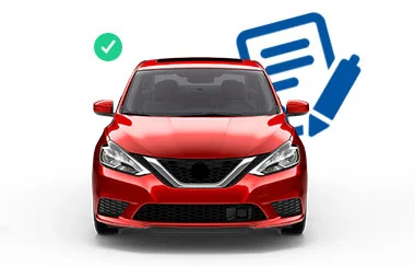 image of red sedan car with green circle checkmark icon and blue letter with pen icon